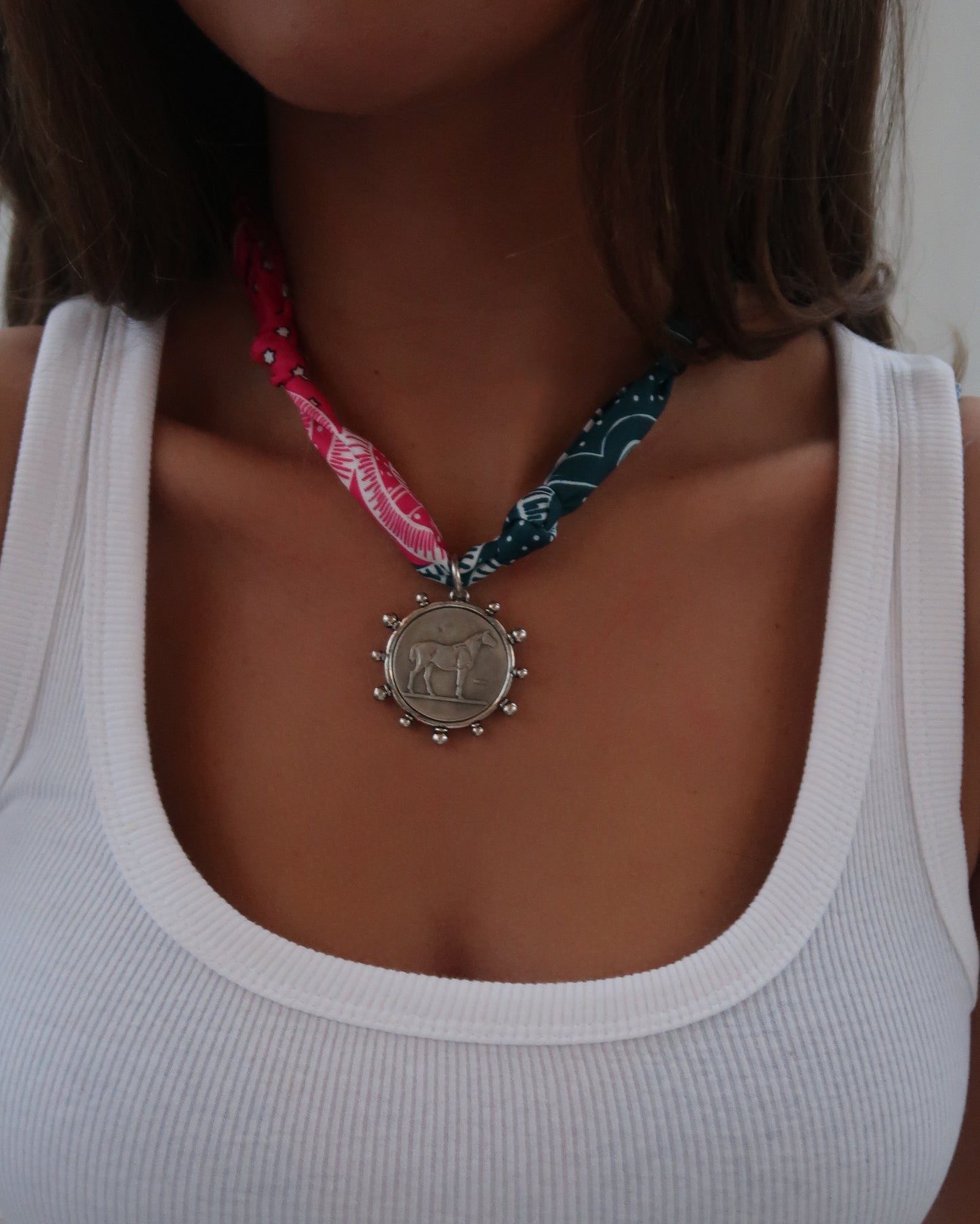 Scarf Charm Necklace | Pink and Teal | Horse Coin