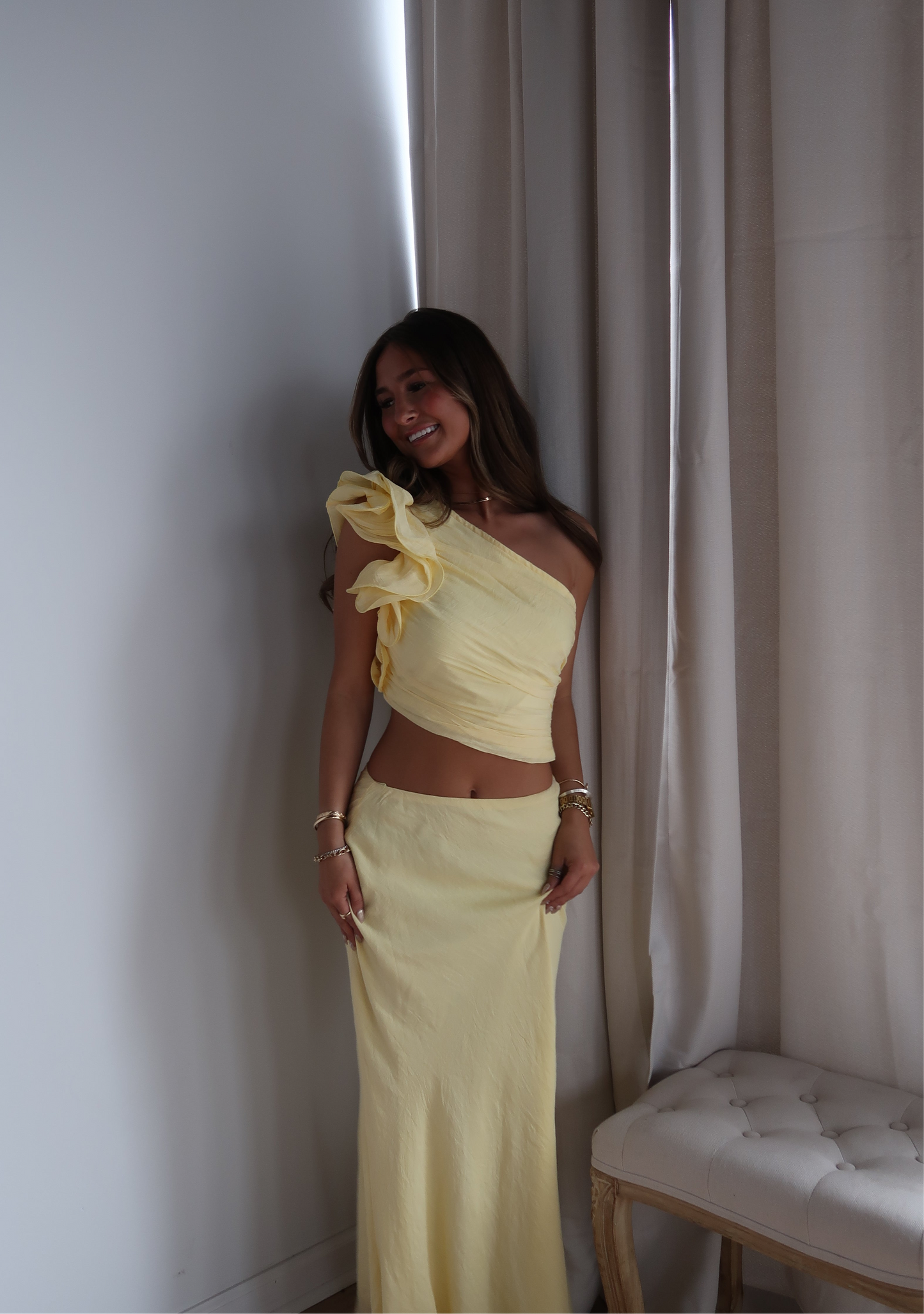 Greta One Shoulder Ruffle Top | Lemon