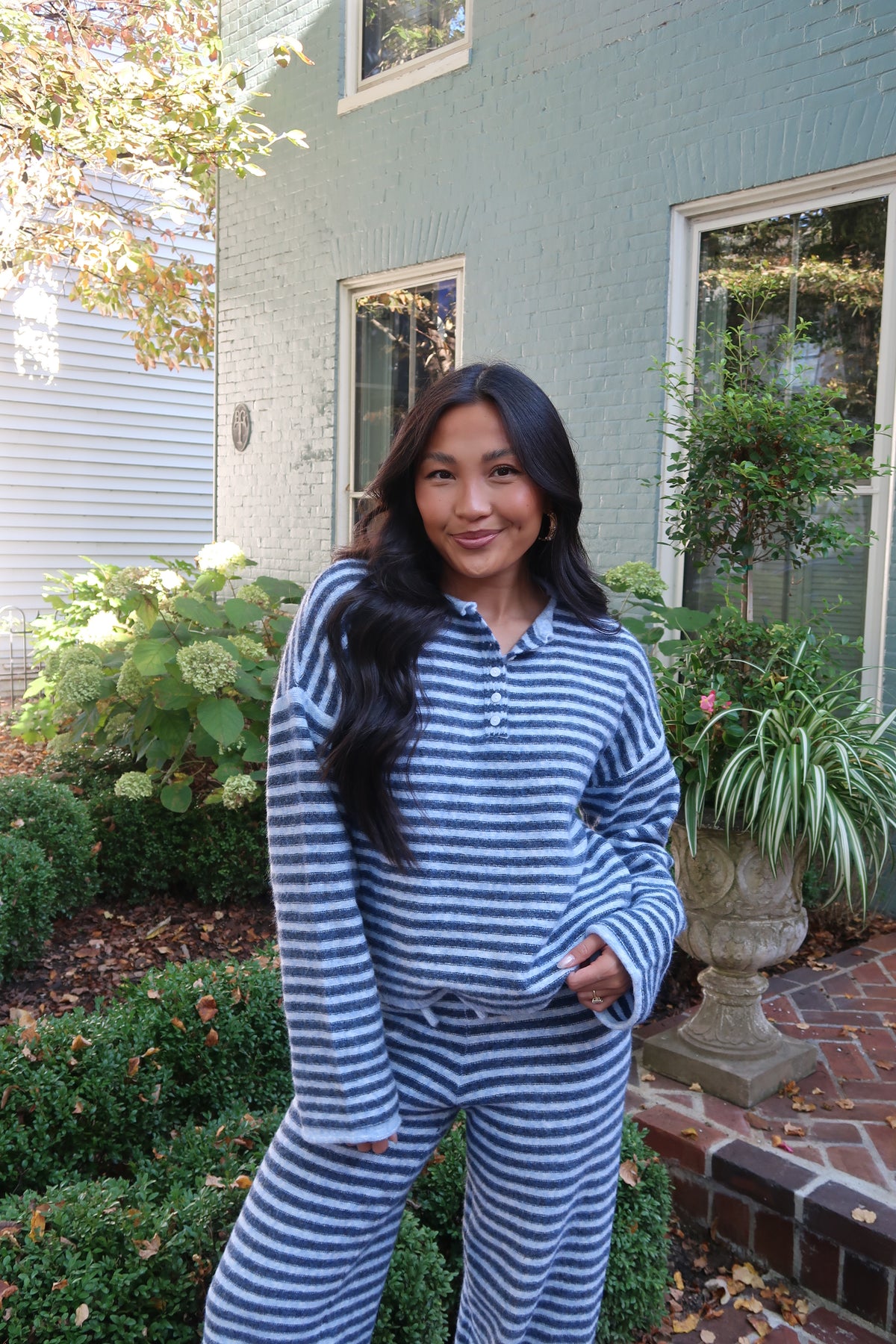 Cloud Knit Stripe Henley | Powder Blue