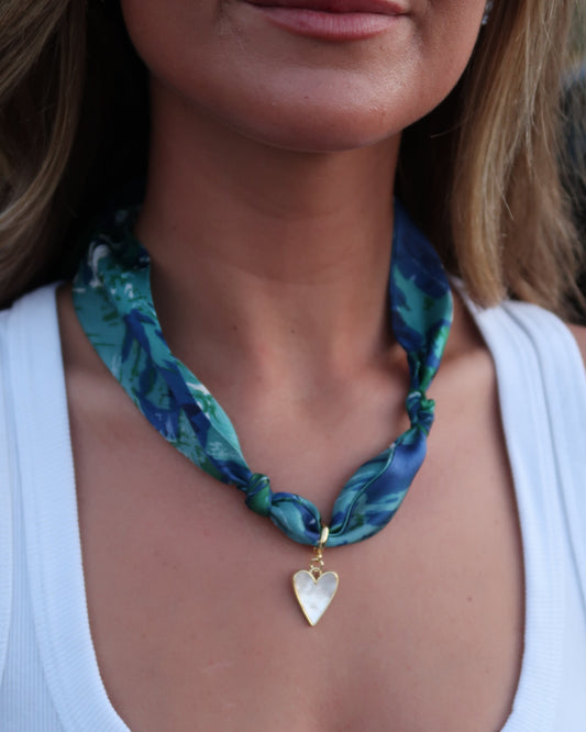 Scarf Charm Necklace | Blue + Green | White Heart