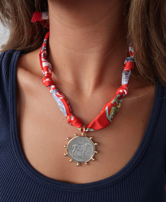 Scarf Charm Necklace | Red | Horse Coin