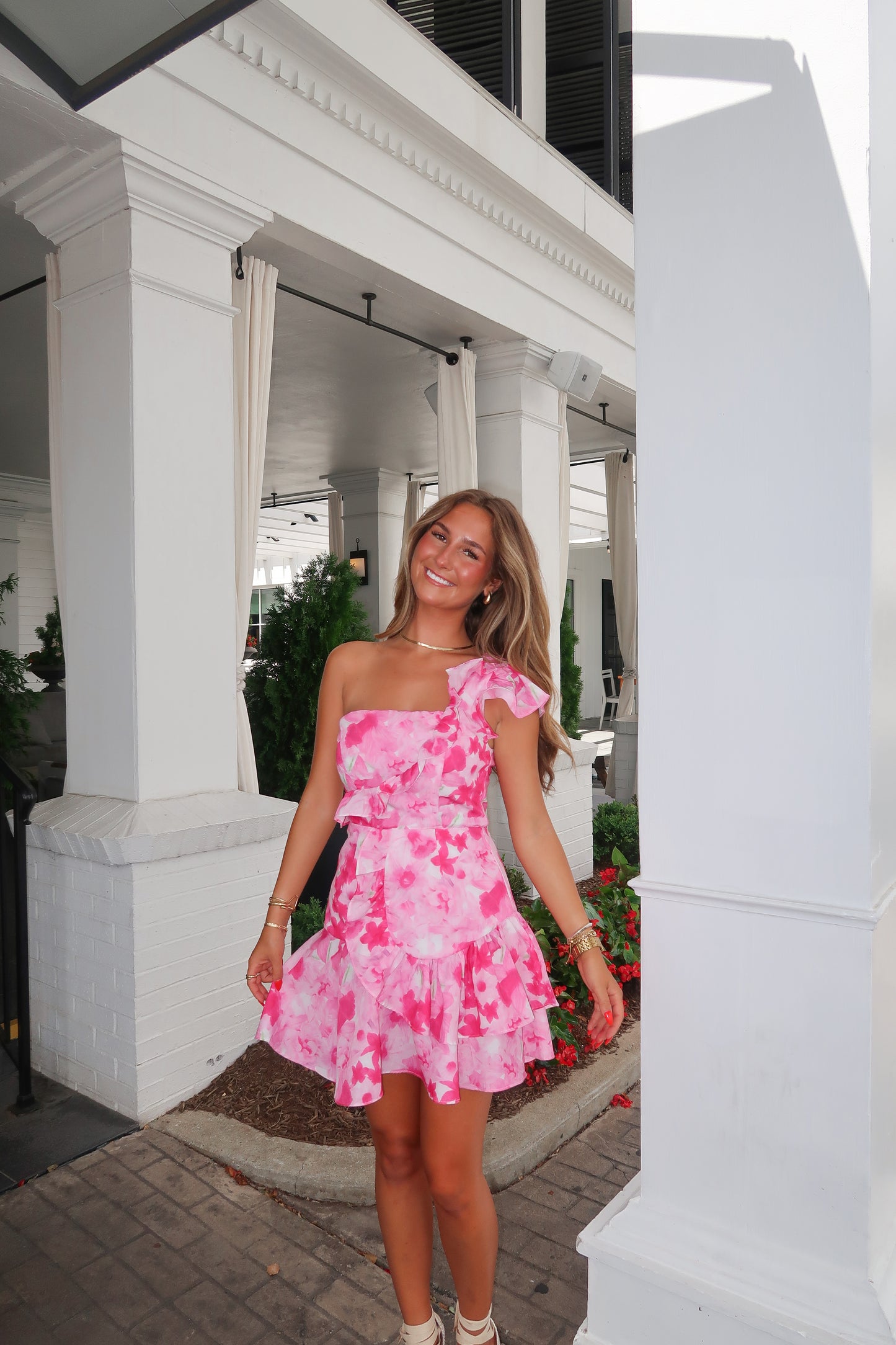 Lucy One Shoulder Pink Floral Dress