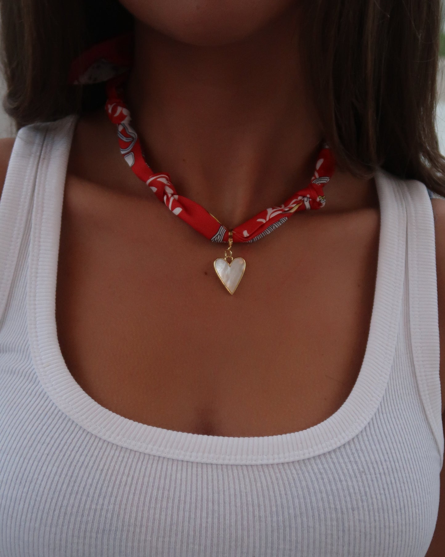 Scarf Charm Necklace | Red | White Heart