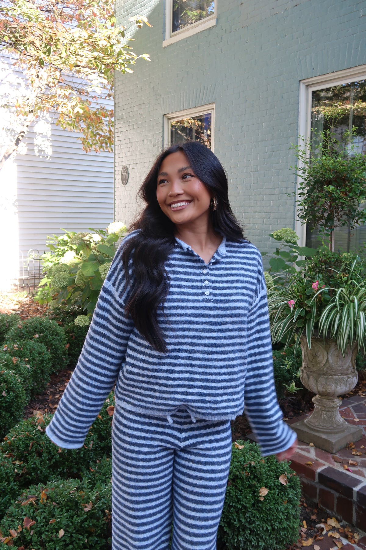 Cloud Knit Stripe Henley | Powder Blue