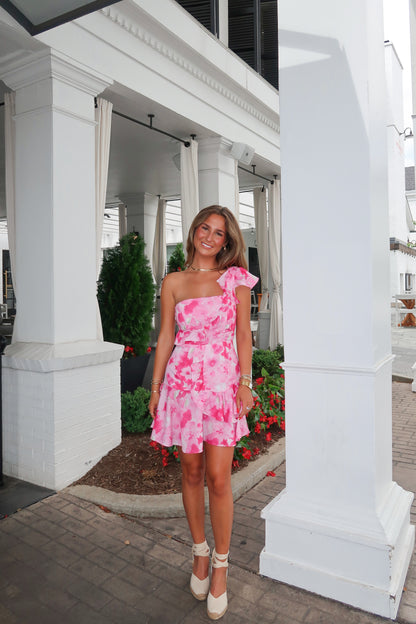 Lucy One Shoulder Pink Floral Dress