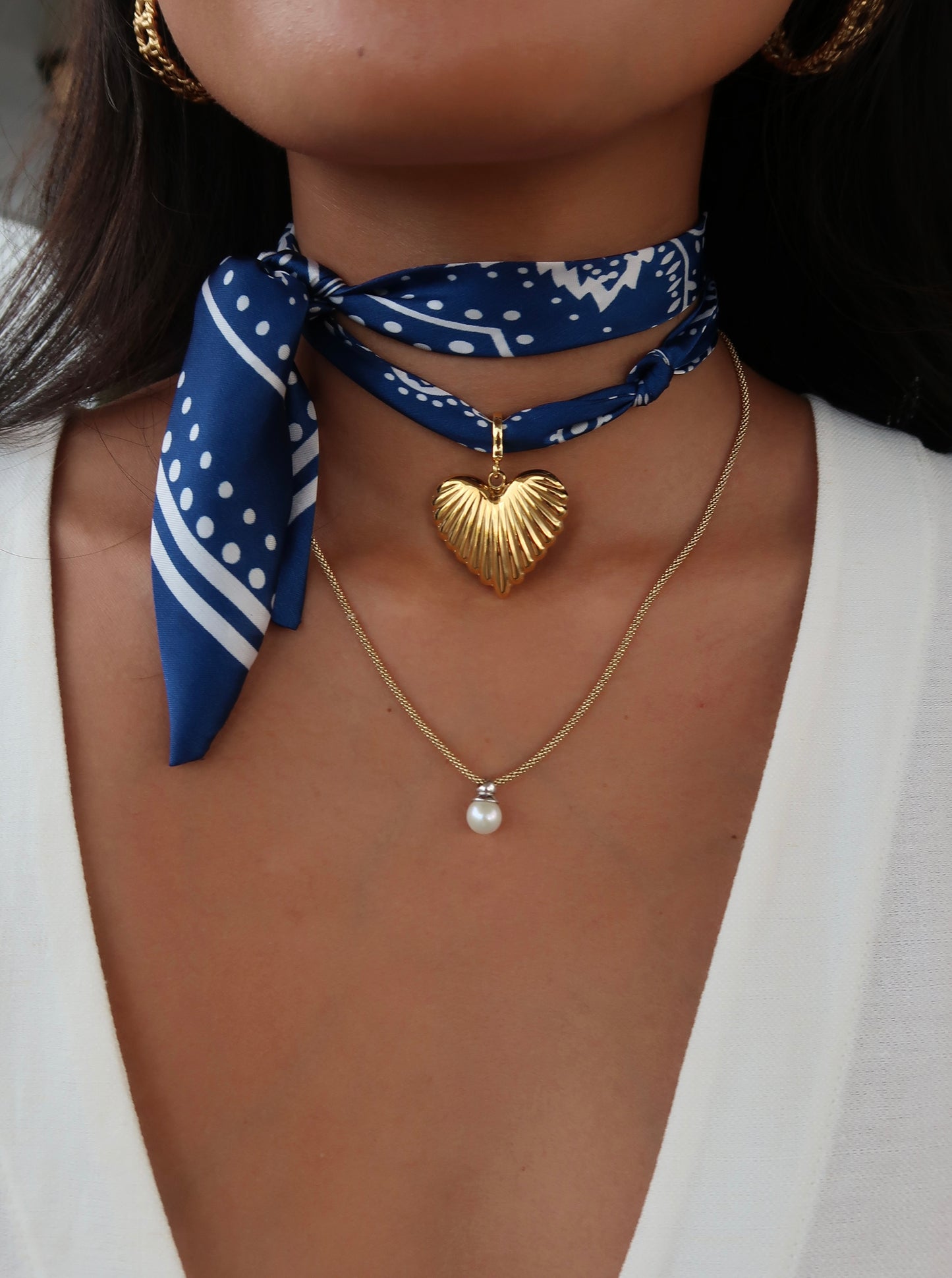 Scarf Charm Necklace | Blue Bandana | Shell Heart