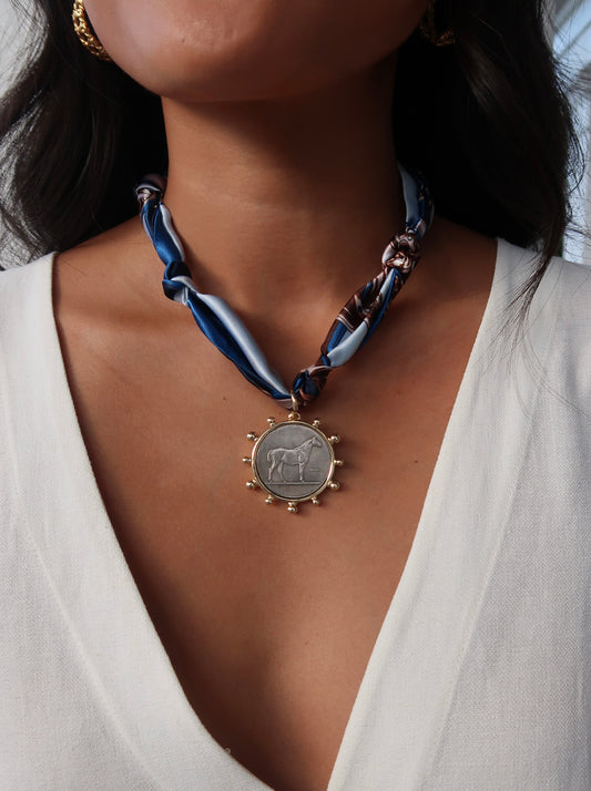 Scarf Charm Necklace | Navy | Horse Coin
