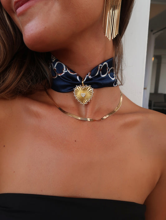 Scarf Charm Necklace | Navy | Heart with Stones