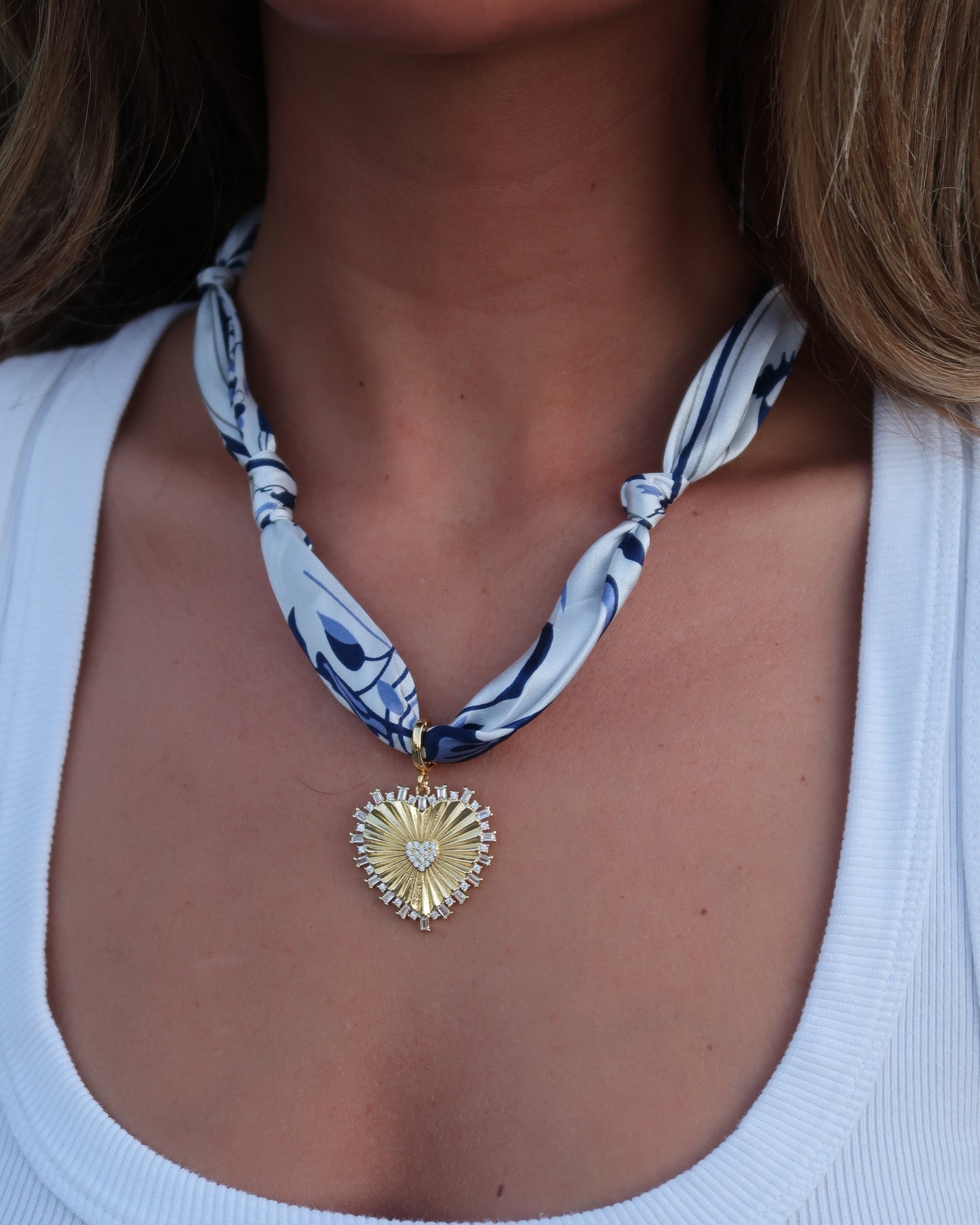 Scarf Charm Necklace | White + Navy | Heart with Stones