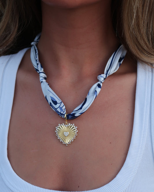 Scarf Charm Necklace | White + Navy | Heart with Stones