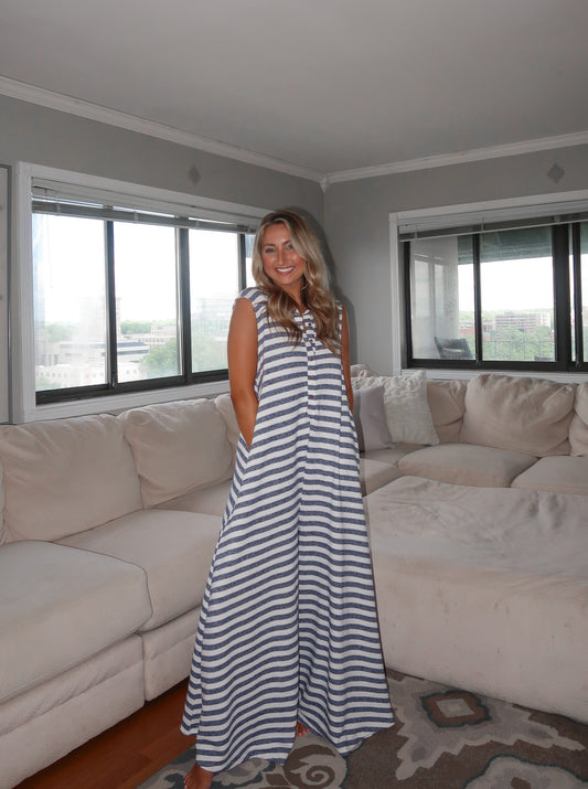 On The Go Jumpsuit | Navy and Ivory Stripe