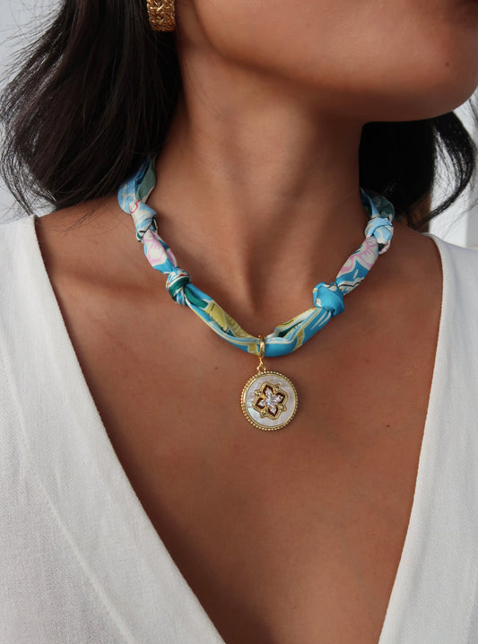 Scarf Charm Necklace | Turquoise | White Flower