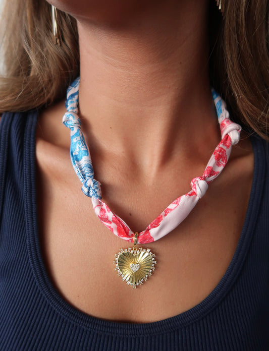 Scarf Charm Necklace | Pink and Blue | Heart with Stones